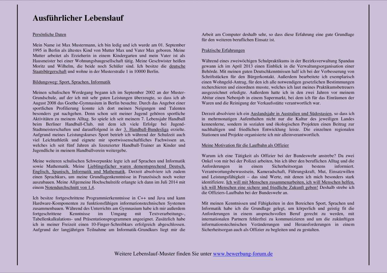 Ausführlicher Lebenslauf – Formulierungen und Muster