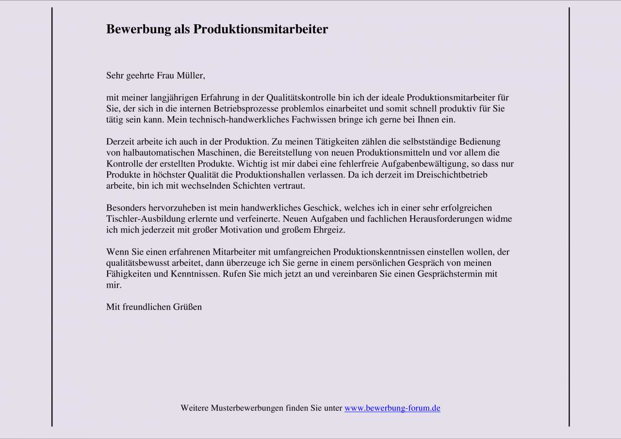 Muster Initiativbewerbung Als Produktionsmitarbeiter Bewerbungsforum