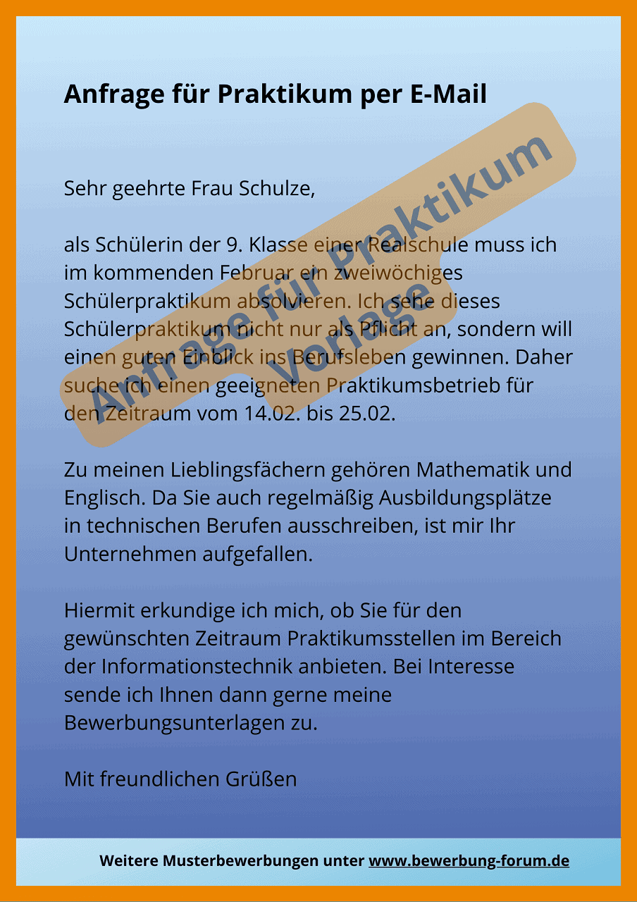 ᐅ Anfrage Praktikum Vorlage E-Mail für Praktikumsplatz ️
