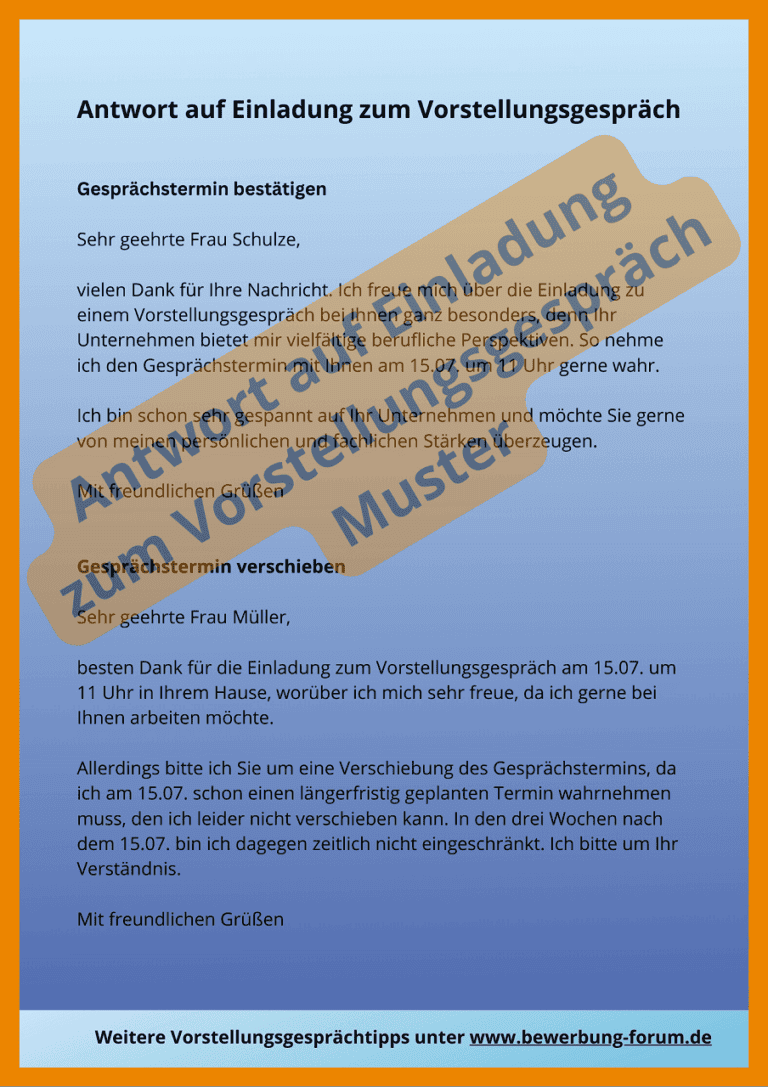 Antwort auf Einladung zum Vorstellungsgespräch ≫ Muster ☀️