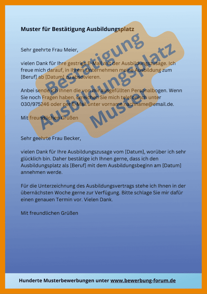 Bestätigung Ausbildungsplatz Muster für E-Mail