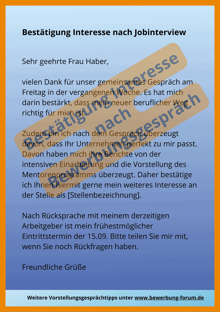 ᐅ Bestätigung Interesse nach Vorstellungsgespräch Muster ️