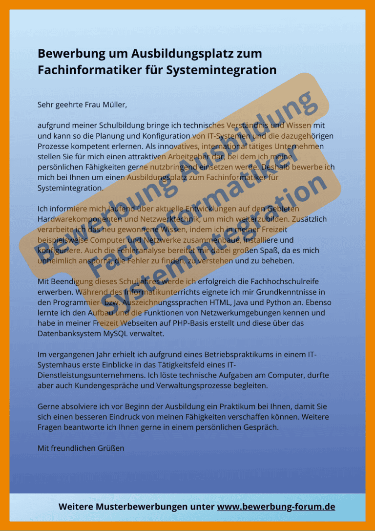 Anschreiben Ausbildung Fachinformatiker Systemintegration - Bewerbungsforum