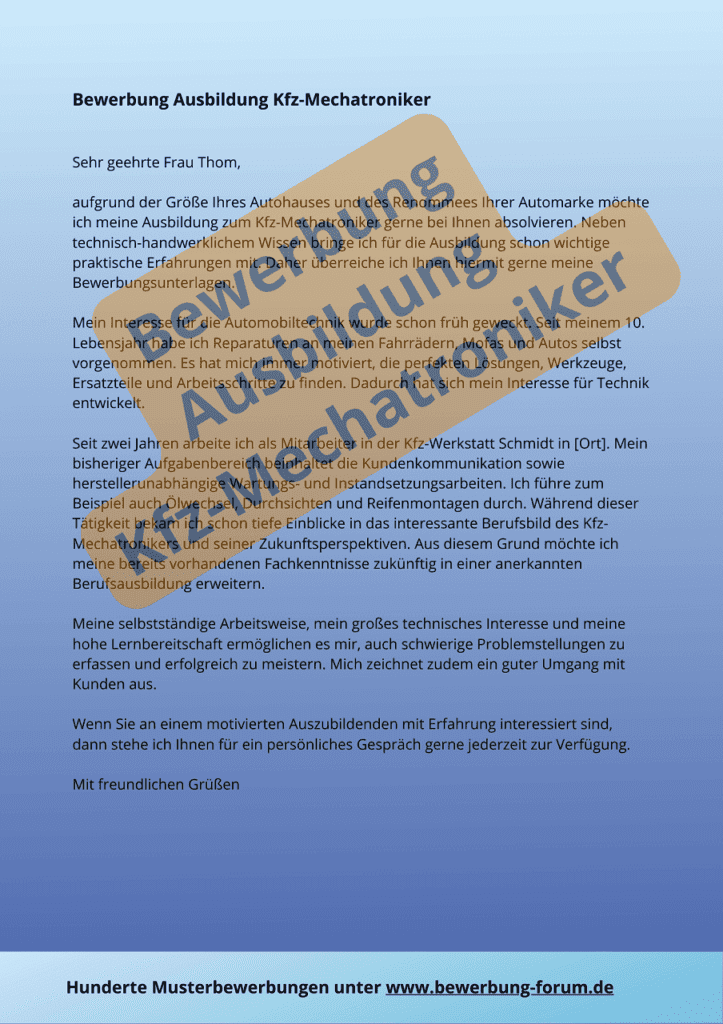 Bewerbung Ausbildung Kfz-Mechatroniker Vorlage