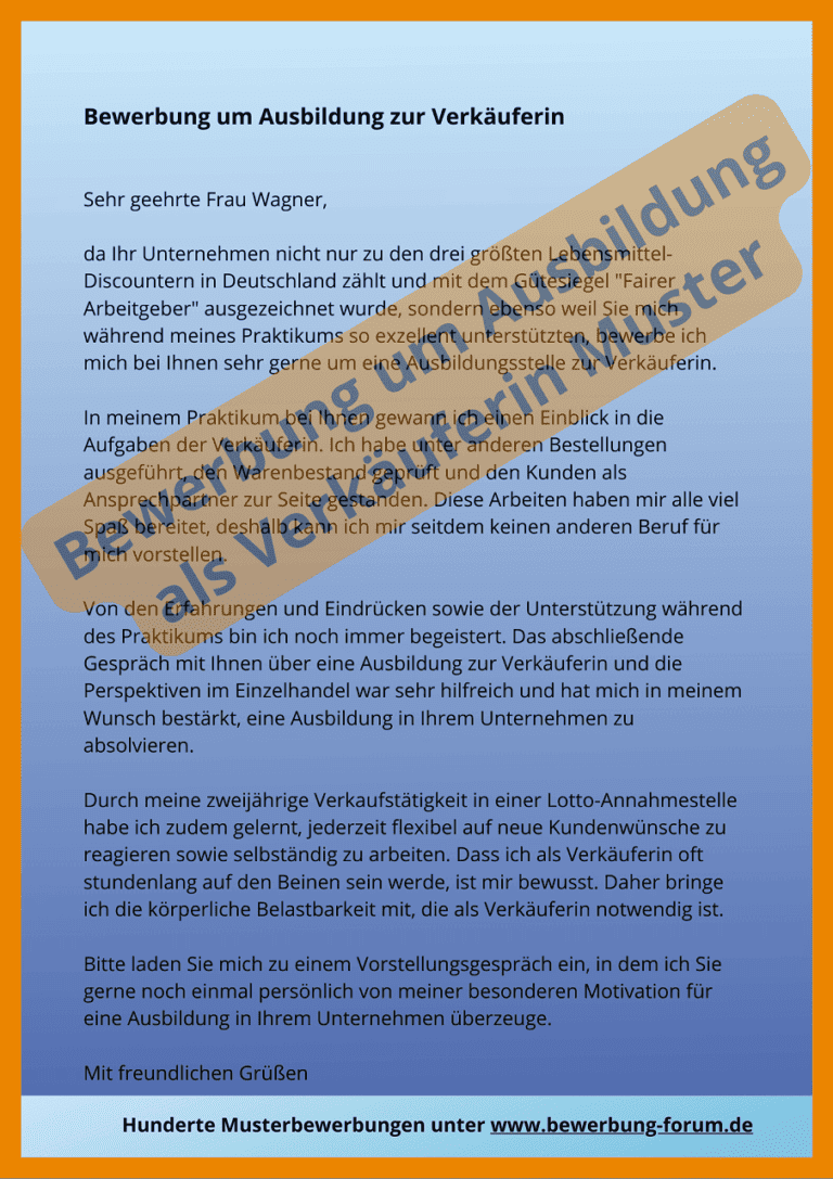 Hiermit Bewerbe Ich Mich Um Die Stelle Als Verkäuferin ᐅ Bewerbung Ausbildung Verkäuferin Muster [PDF] Verkäufer