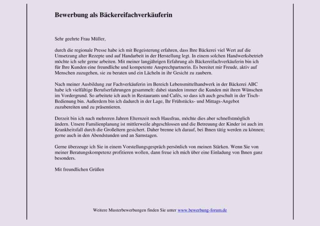 Muster für eine Bewerbung als Bäckereifachverkaeuferin.