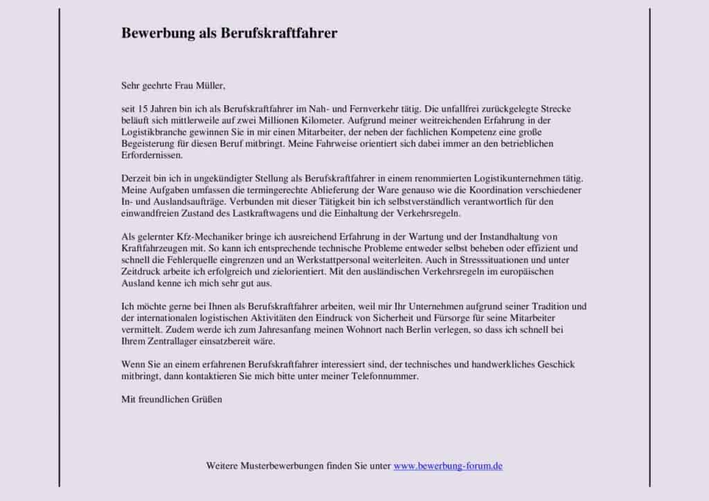 Muster für eine Bewerbung als Berufskraftfahrer.