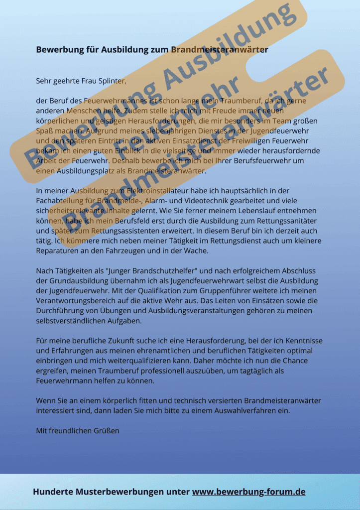 Bewerbung Brandmeisteranwärter Feuerwehr Ausbildung Muster