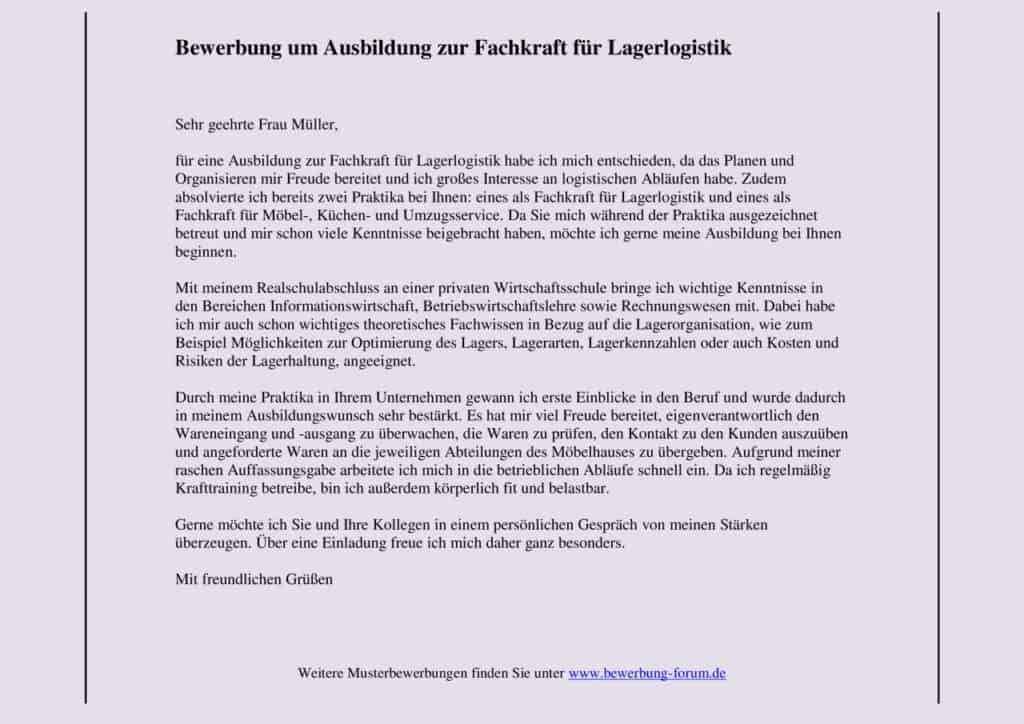 Bewerbung für eine Ausbildung zur Fachkraft für Lagerlogistik.