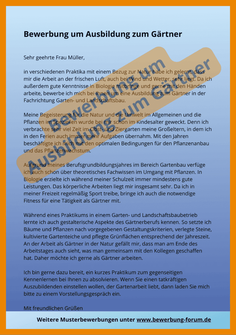 Gärtner Bewerbung Muster für Ausbildung + Job als Gärtnerin