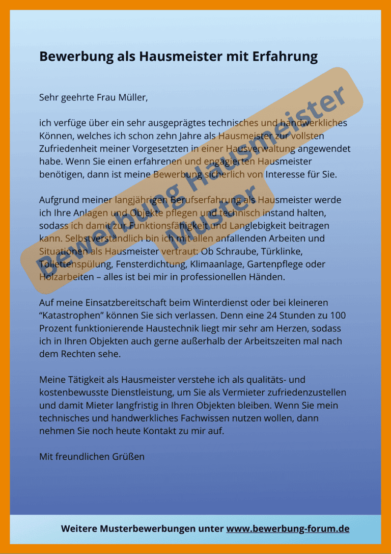 Vorlage Bewerbung Als Hausmeister Muster ᐅ Bewerbung als Hausmeister: Muster PDF kostenlos ️