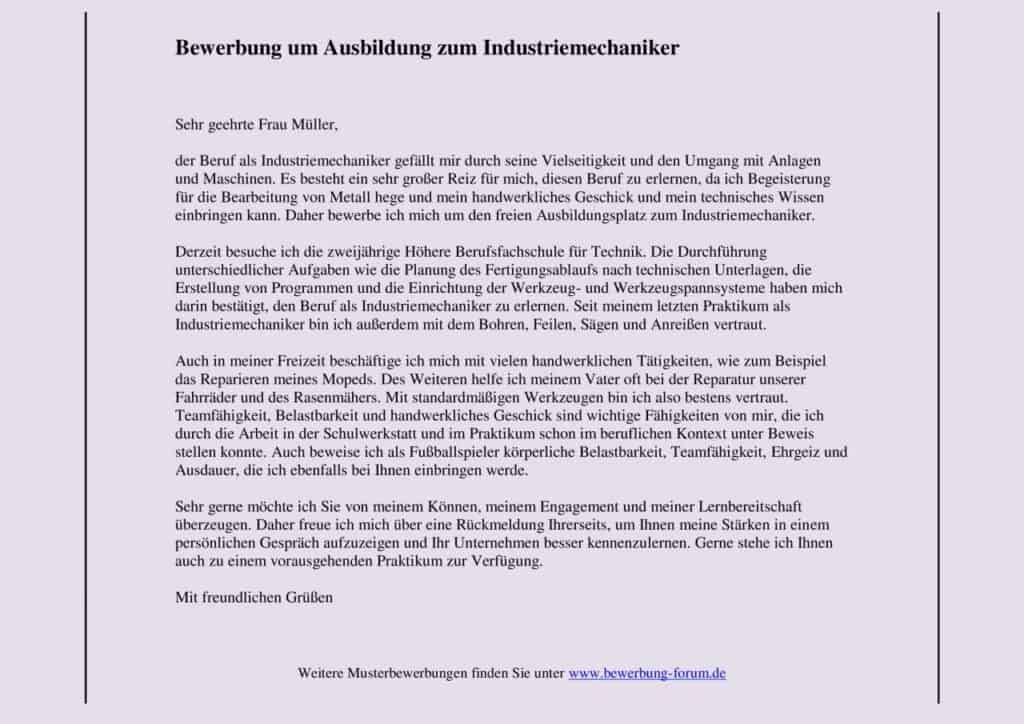 Bewerbung für eine Industriemechaniker-Ausbildung.