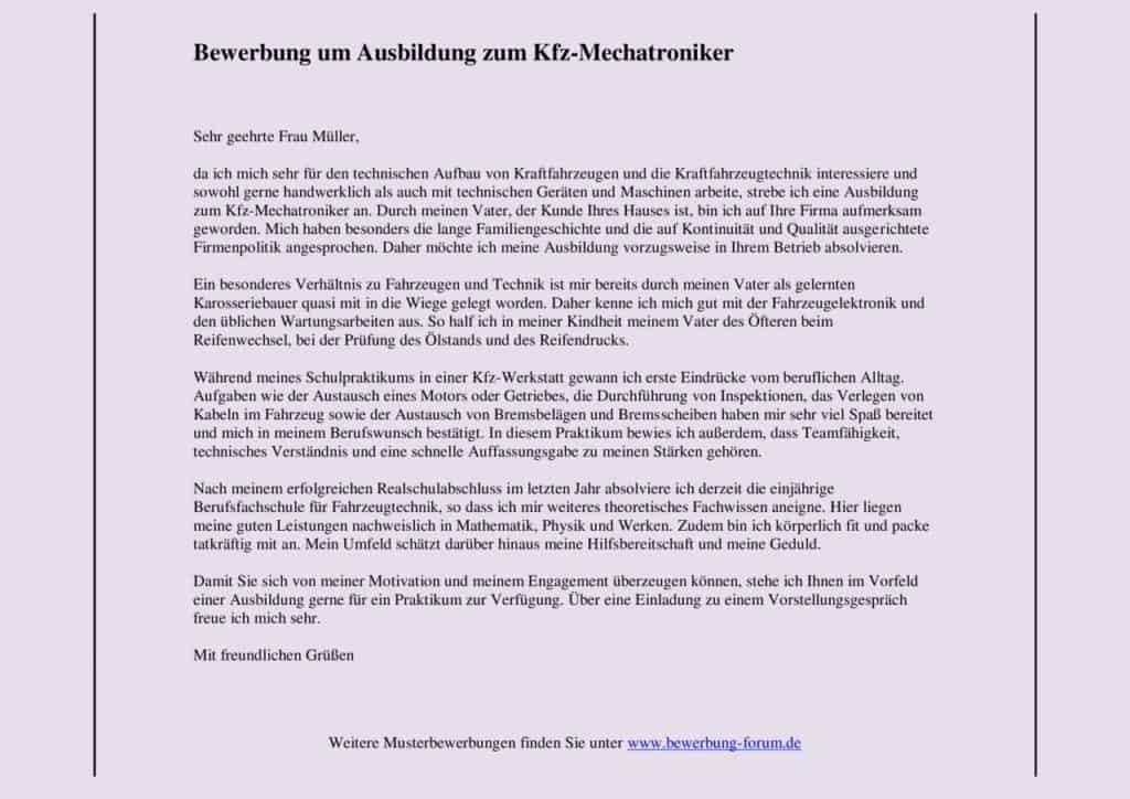 Bewerbung für eine Ausbildung zum Kfz-Mechatroniker.