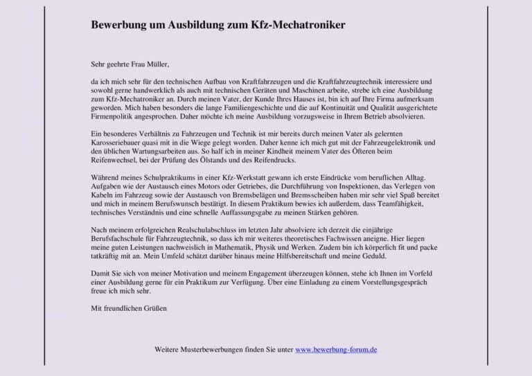 Bewerbung Zur Ausbildung Als Kfz Mechatroniker www.bewerbung-forum.de