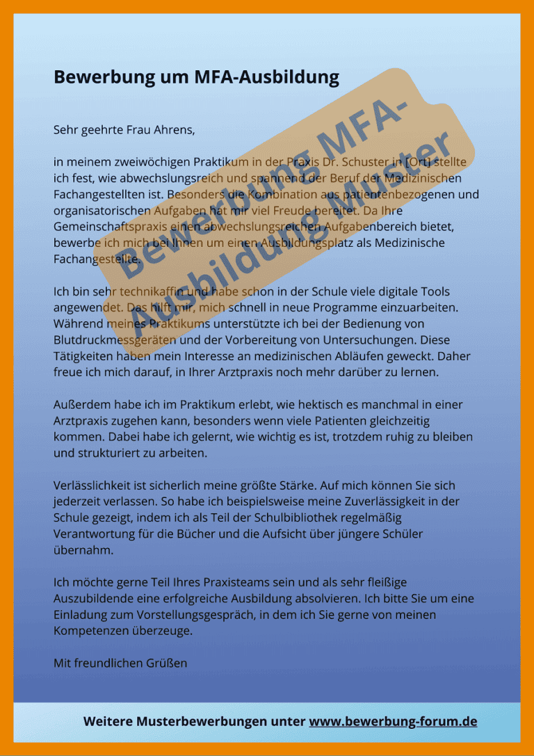 Bewerbung MFA Ausbildung Muster für Anschreiben ☀️