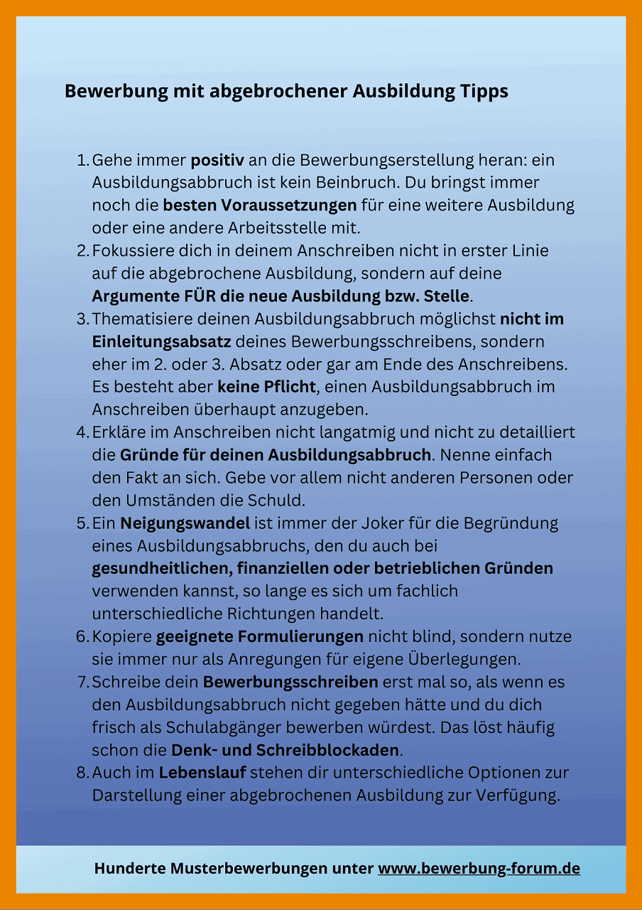 Bewerbung mit Ausbildungsabbruch schreiben » Formulierungen