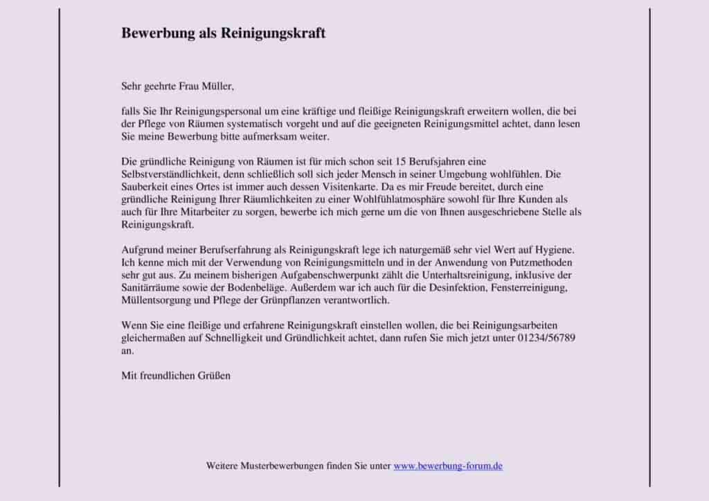 Muster für eine Bewerbung als Reinigungskraft.