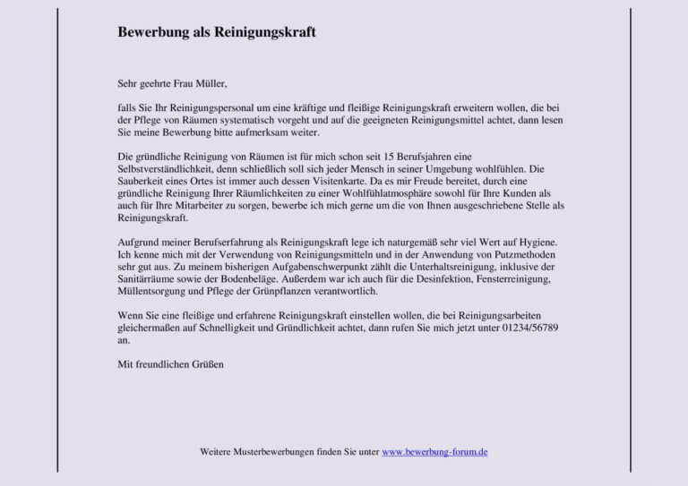 Bewerbung Reinigungskraft => Muster für Anschreiben [PDF]