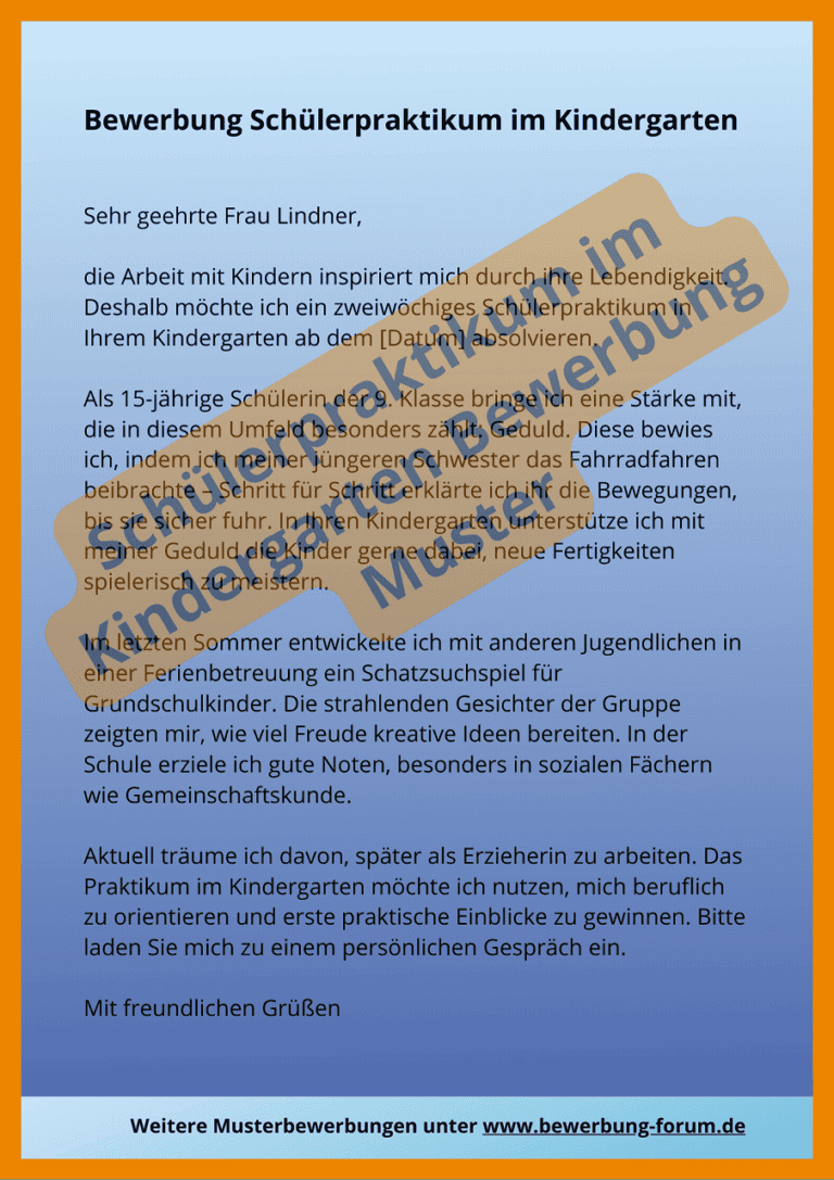 Bewerbung Für Ein Praktikum Im Kindergarten Muster