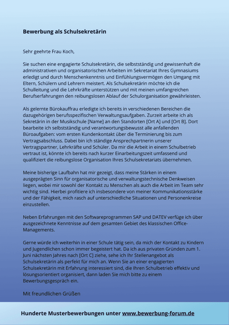 Bewerbung als Schulsekretärin Muster für Schulsekretariat ️