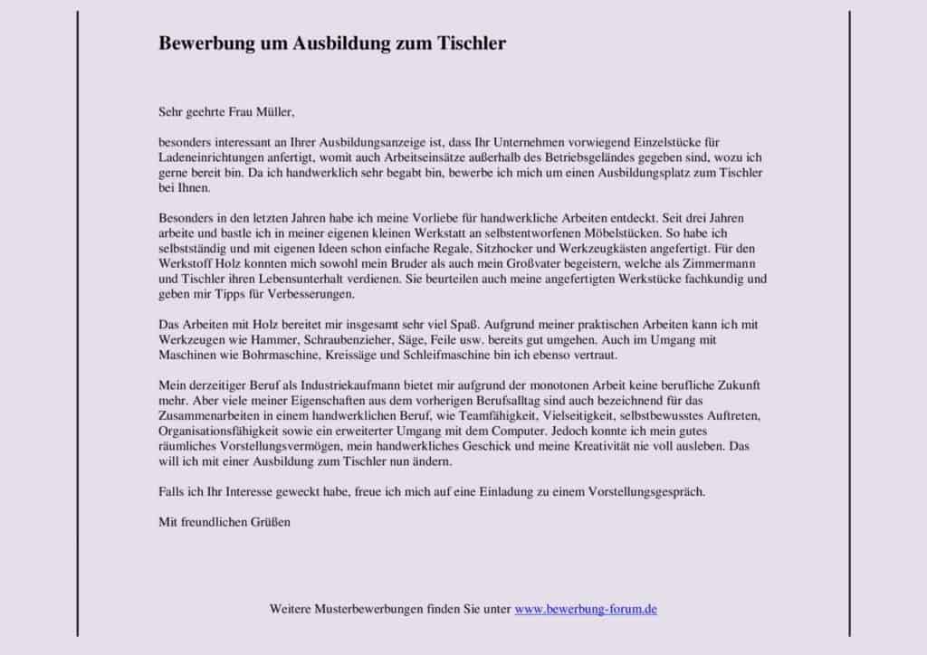 Bewerbung für eine Tischler-Ausbildung.