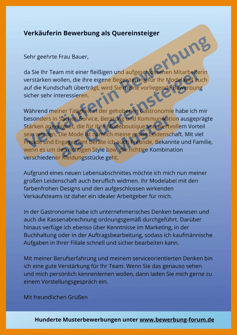 ᐅ Bewerbung als Verkäuferin Quereinsteiger Muster [PDF] ️
