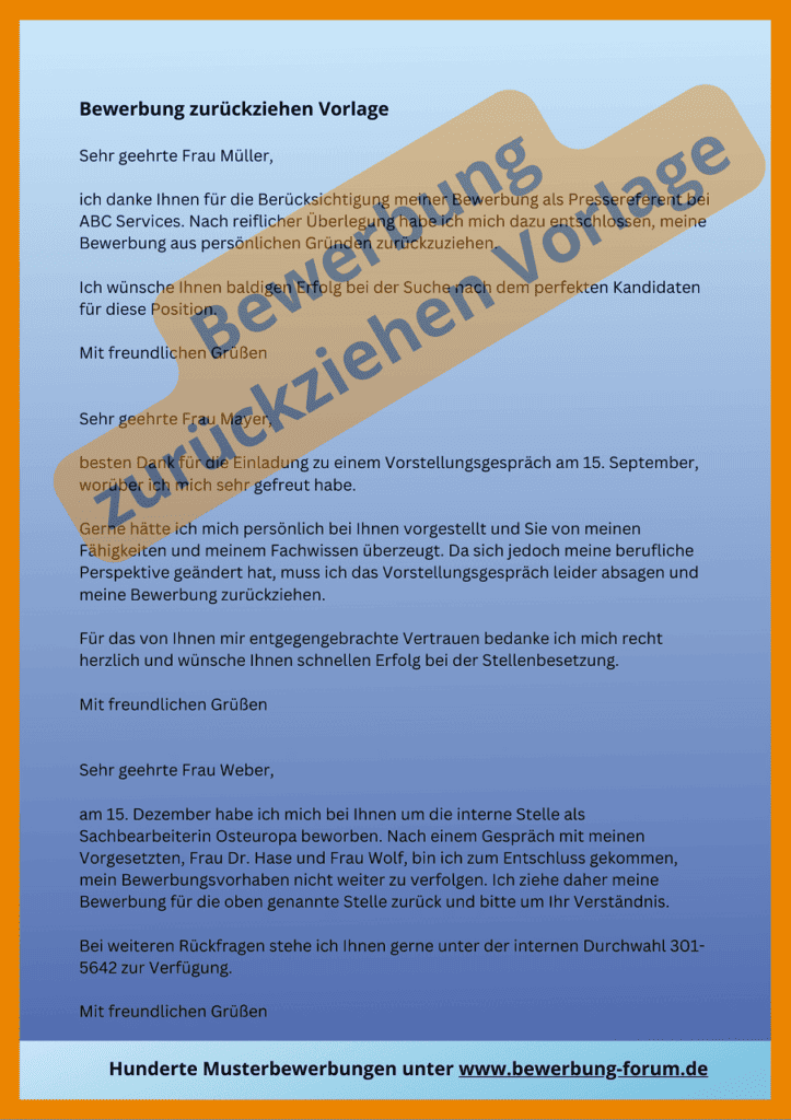 Bewerbung zurückziehen Vorlage