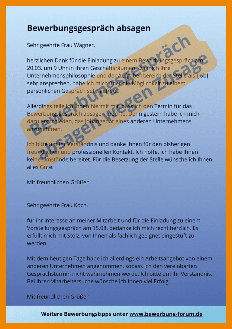 Vorstellungsgespräch absagen wegen Zusage anderer Stelle