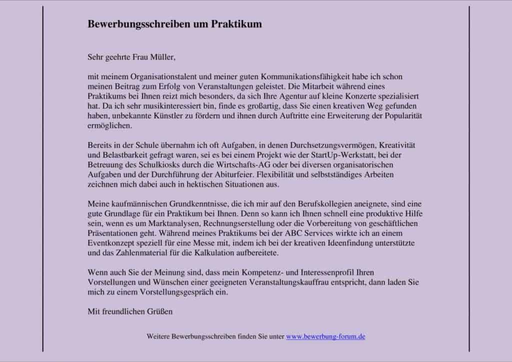 Muster für ein Praktikums-Bewerbungsschreiben.
