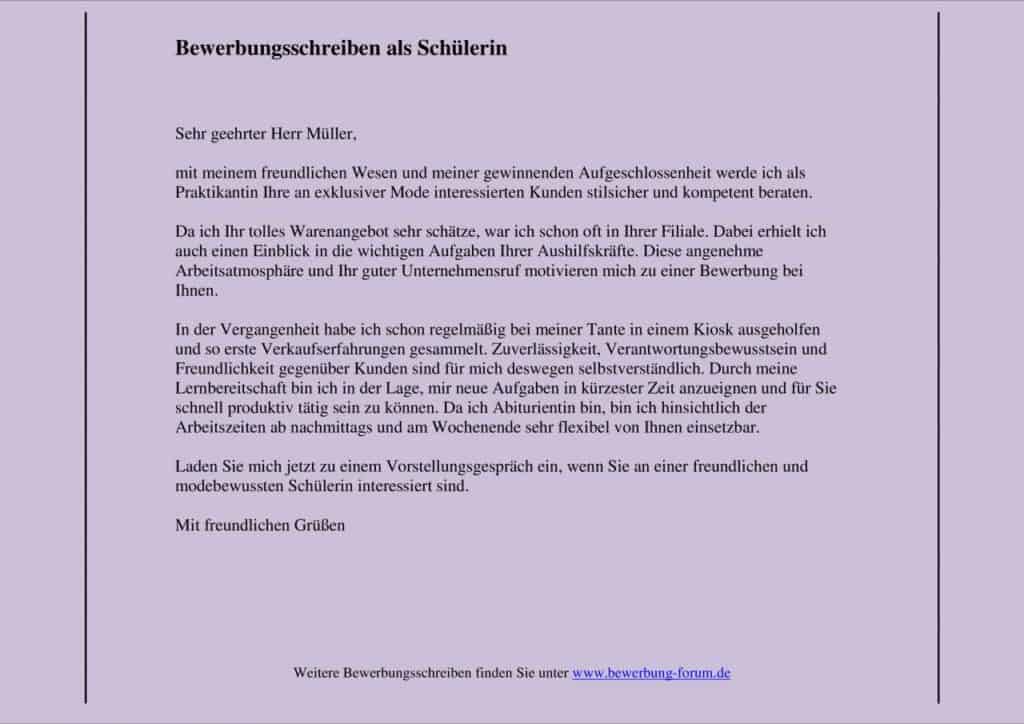 Muster für Bewerbungsschreiben als Schülerin.