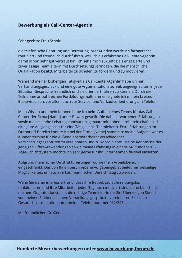 ᐅ CallCenterAgent Bewerbung Muster als Telefonistin ️