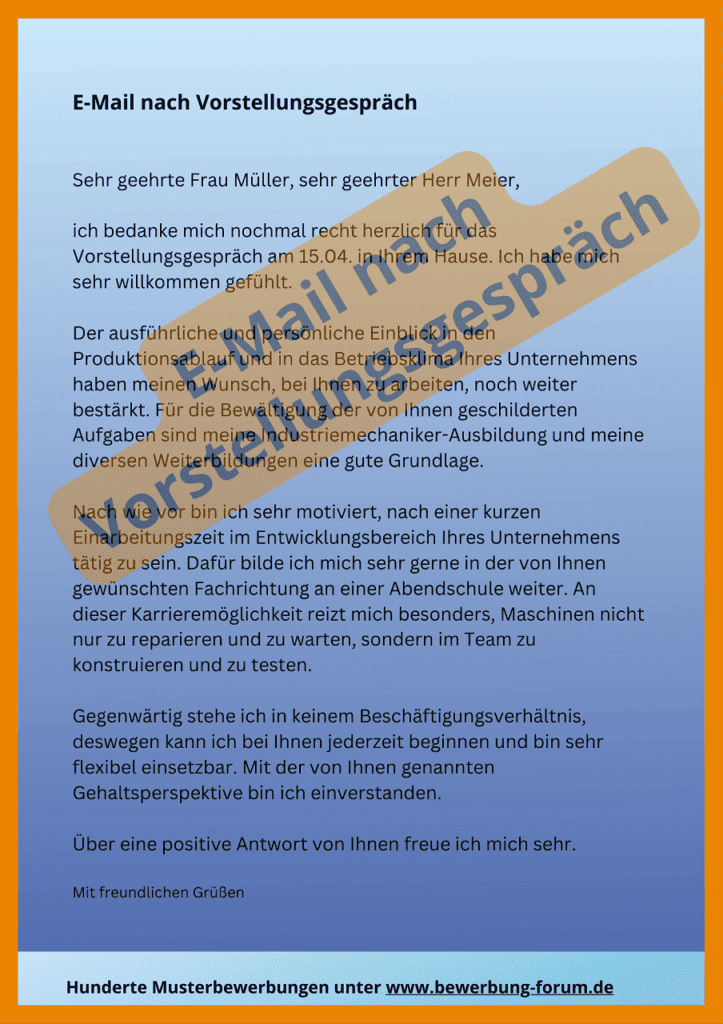 E-Mail nach Vorstellungsgespräch Muster