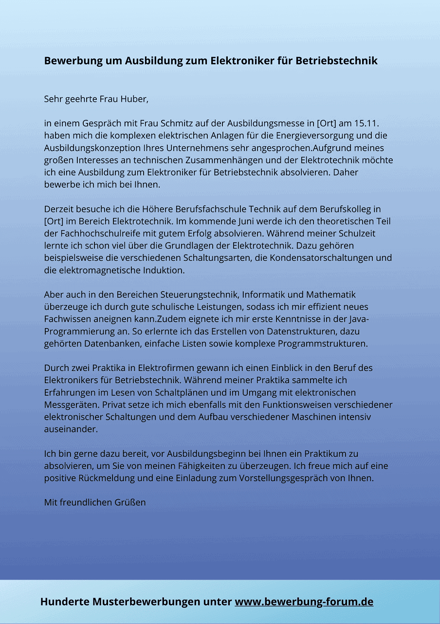 Bewerbung Muster Ausbildung Elektroniker In Energie Und Gebäudetechnik Elektroniker für Betriebstechnik Bewerbung Muster ☑️