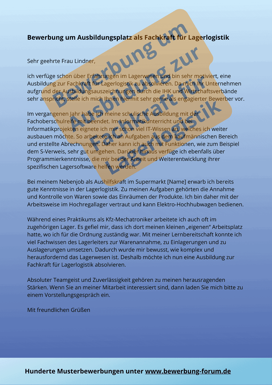 Fachkraft für Lagerlogistik Bewerbung Muster Anschreiben ️