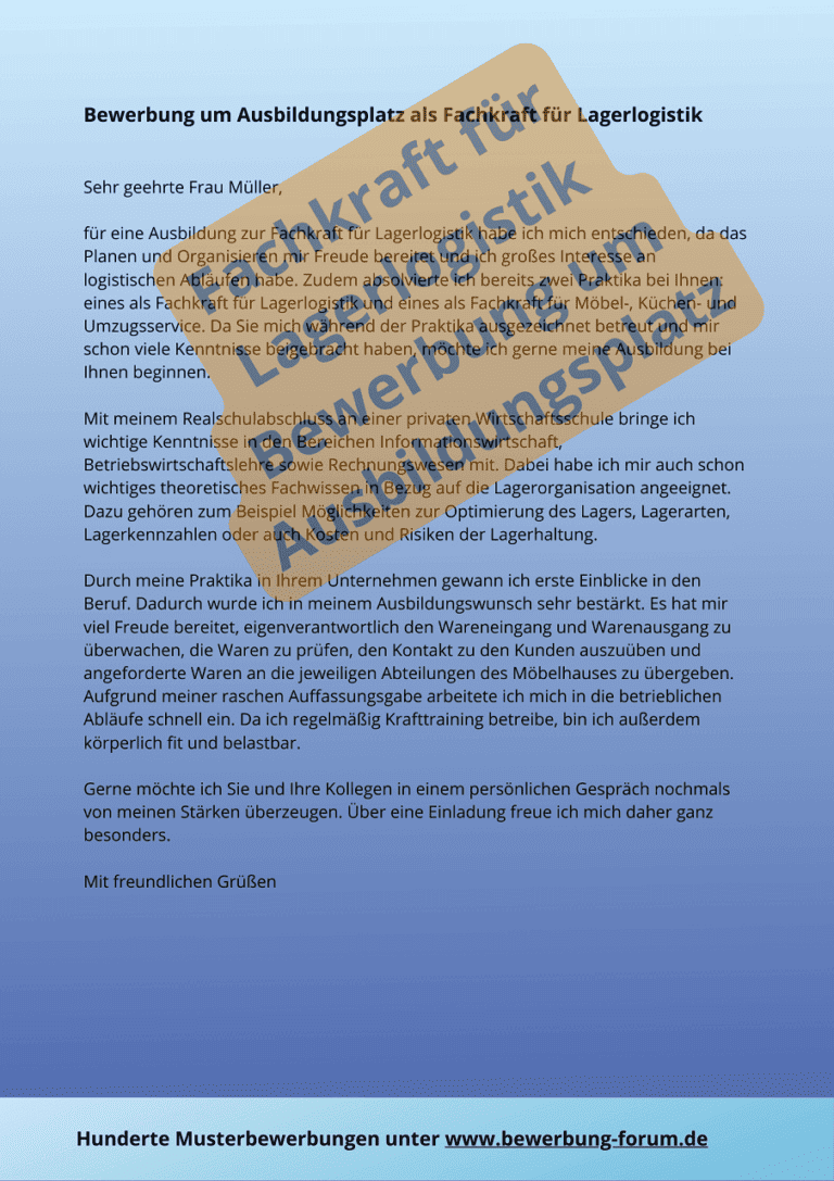 Bewerbung Für Ausbildung Als Fachkraft Für Lagerlogistik Muster Fachkraft für Lagerlogistik Bewerbung Muster Anschreiben ️