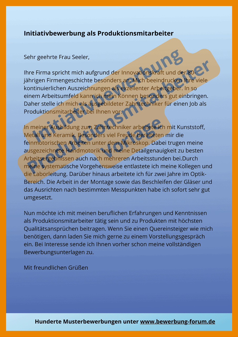 Bewerbung Produktionsmitarbeiter Muster für Anschreiben ️