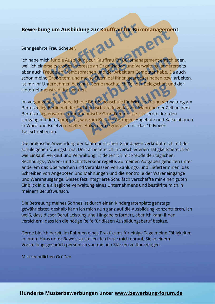 Bewerbung Kauffrau Für Büromanagement Nach Ausbildung Muster ᐅ Kauffrau für Büromanagement Bewerbung Muster ️