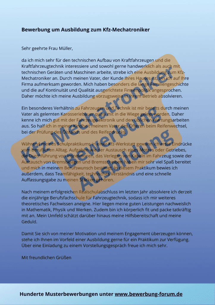 Kfz-Mechatroniker Bewerbung Ausbildung Muster