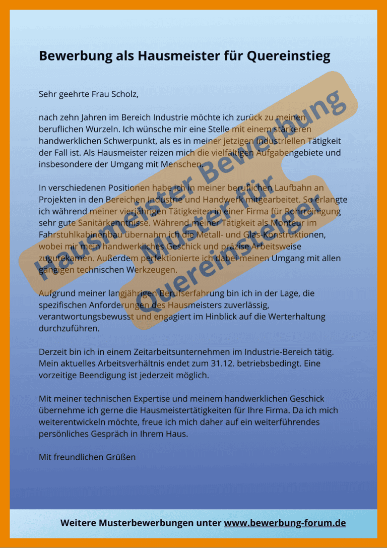 Vorlage Bewerbung Als Hausmeister Muster ᐅ Bewerbung als Hausmeister: Muster PDF kostenlos ️