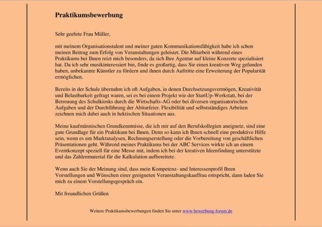 Muster für eine Praktikumsbewerbung.