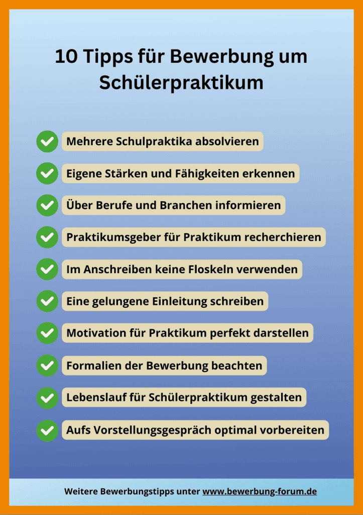 Grafik mit 10 Tipps zur Schülerpraktikum Bewerbung Schüler