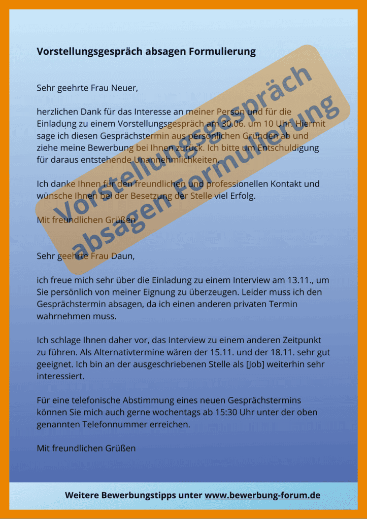 Vorstellungsgespräch absagen Formulierung Absage