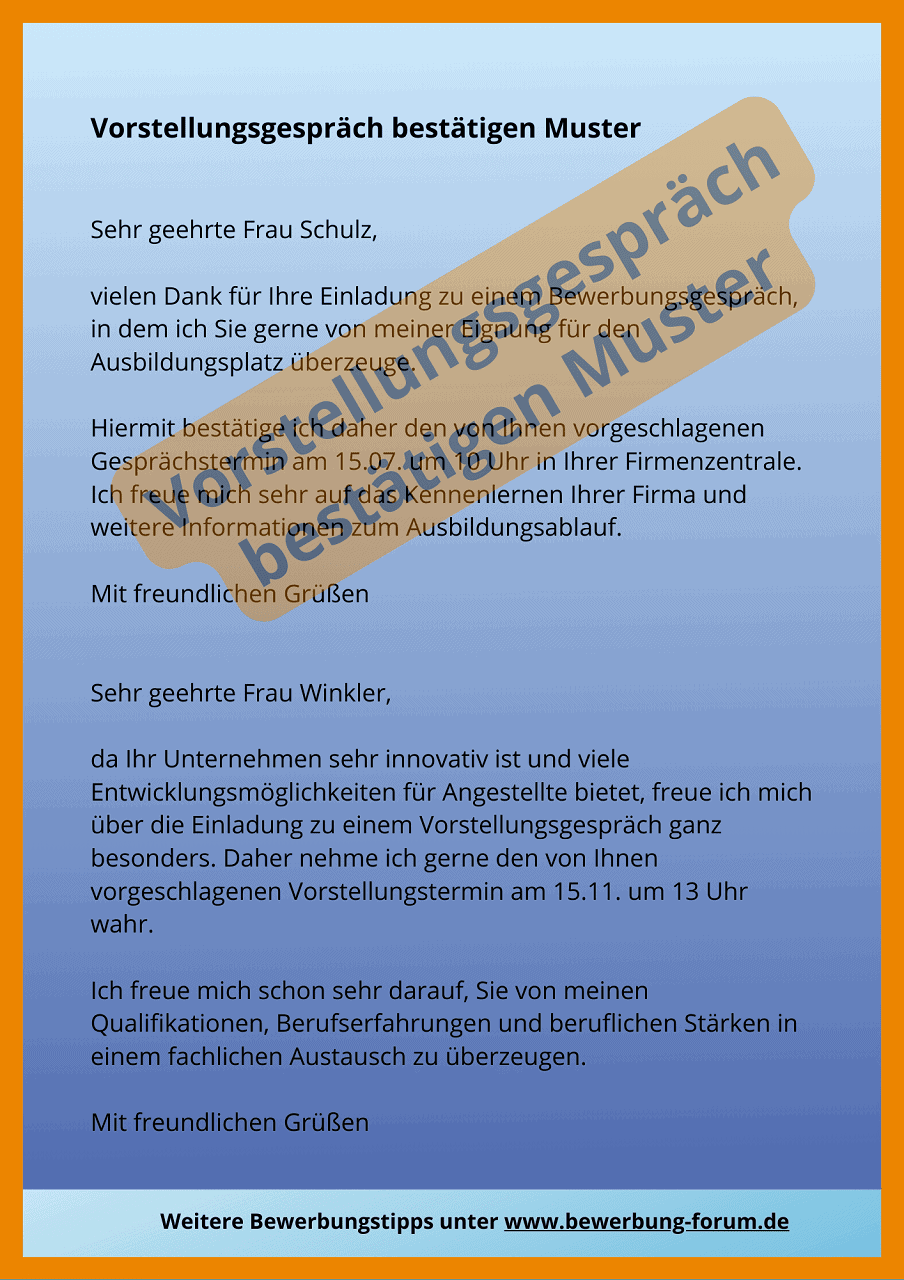 Einladung zum Vorstellungsgespräch bestätigen Email Muster